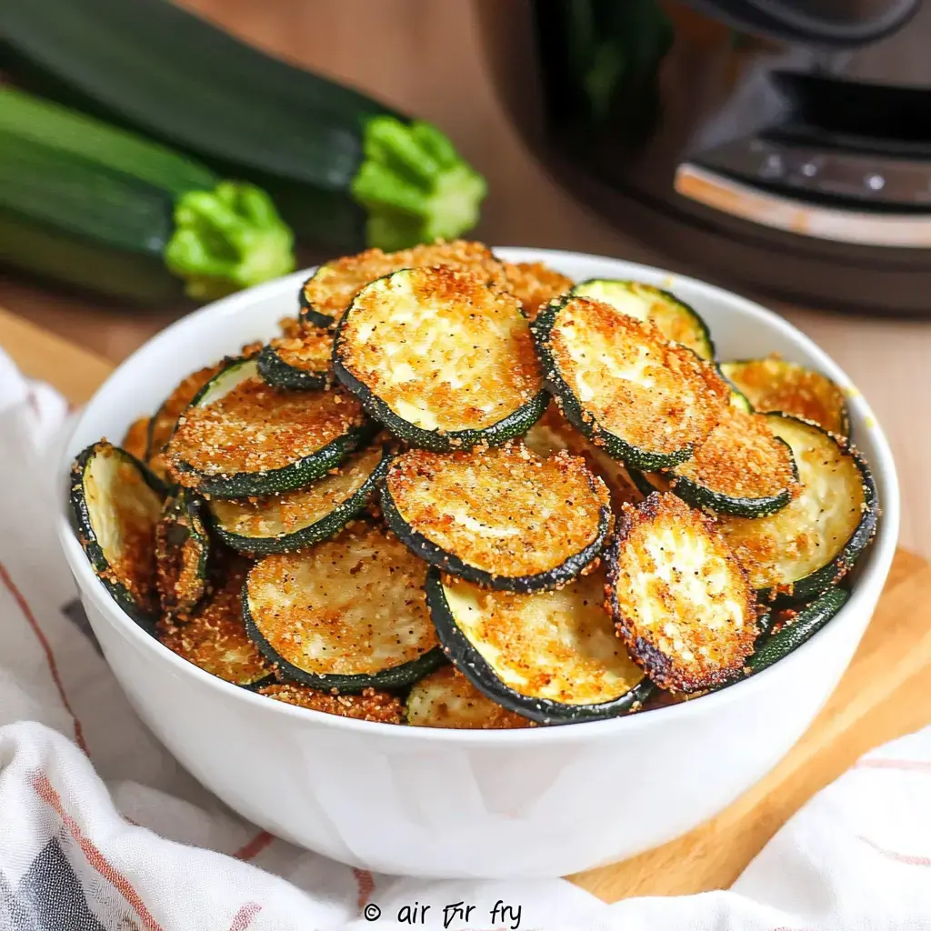 A bowl loaded with golden air-fried zucchini rounds. Fresh zucchinis and kitchen stuff hang out in the background.