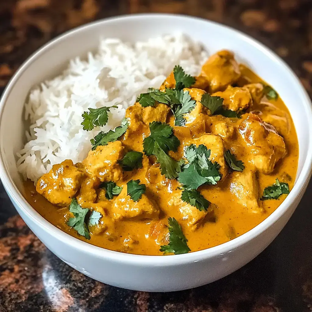 Creamy chicken curry in a bowl, topped with fresh cilantro and next to steamy rice.