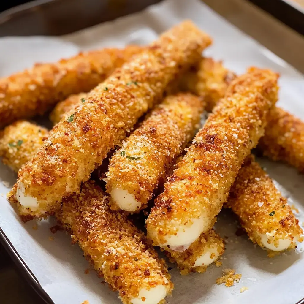 Crunchy, golden cheese sticks gathered up on parchment paper, ready to eat.