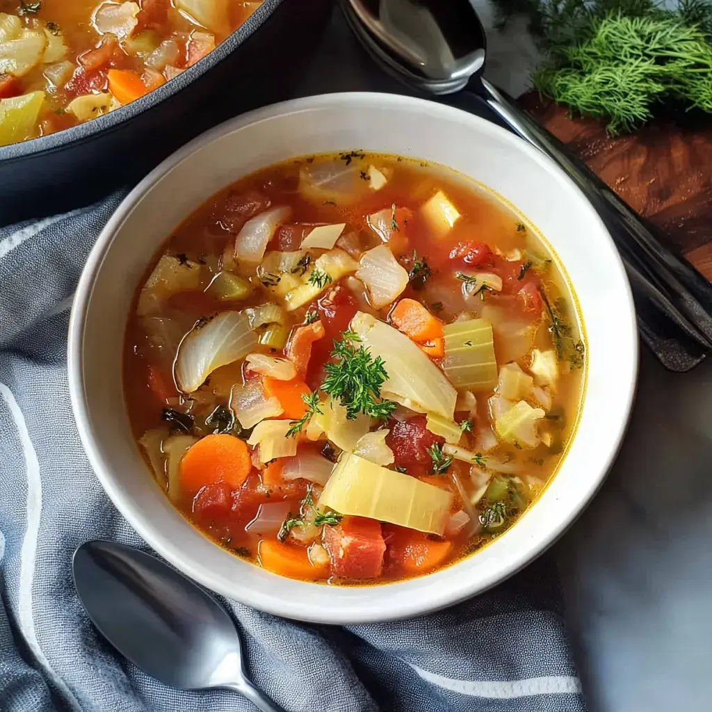 A steaming bowl of veggie-filled stew topped with fresh herbs on a gray napkin.
