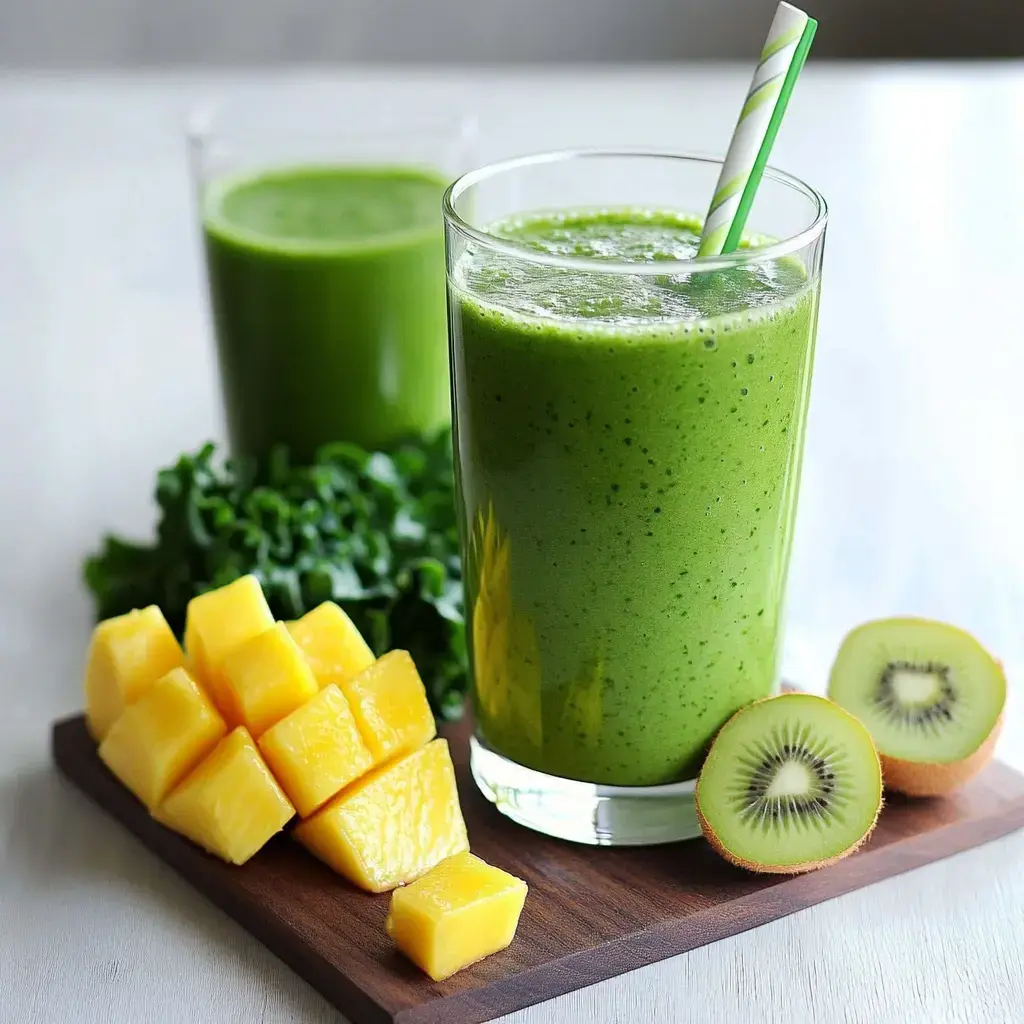 A tall glass gets filled with green smoothie, surrounded by kiwi, mango pieces, and a big kale leaf sitting on a wooden surface.
