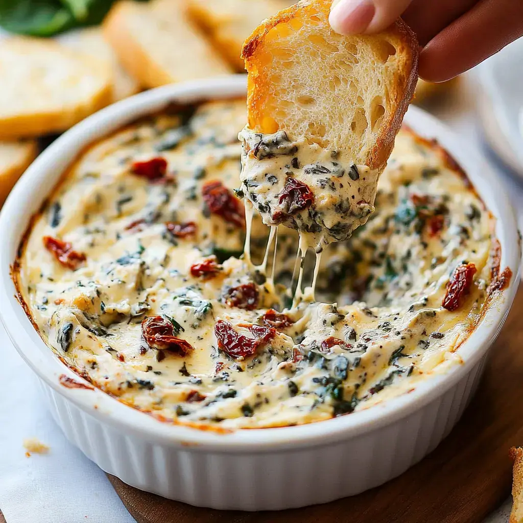 A hand dunking toasted bread into a cheesy spinach and tomato dip in a white bowl.