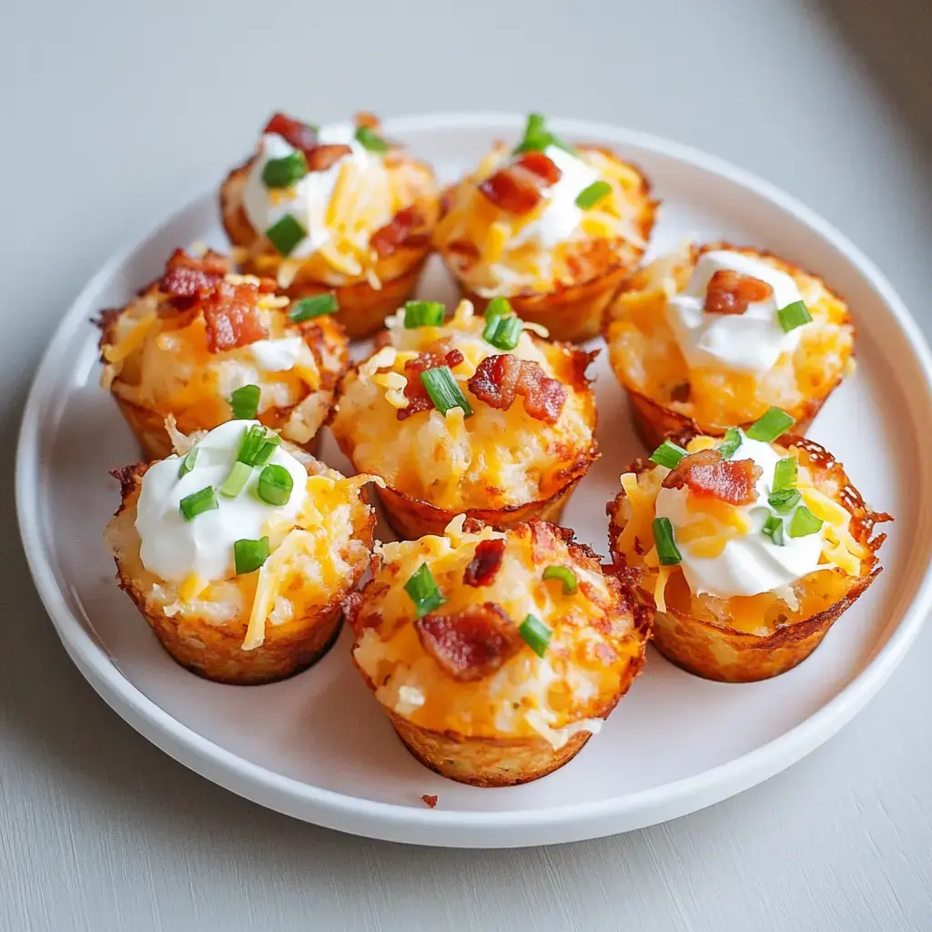 Mini potato bites loaded with cheese, bacon, green onion, and sour cream on a plate.