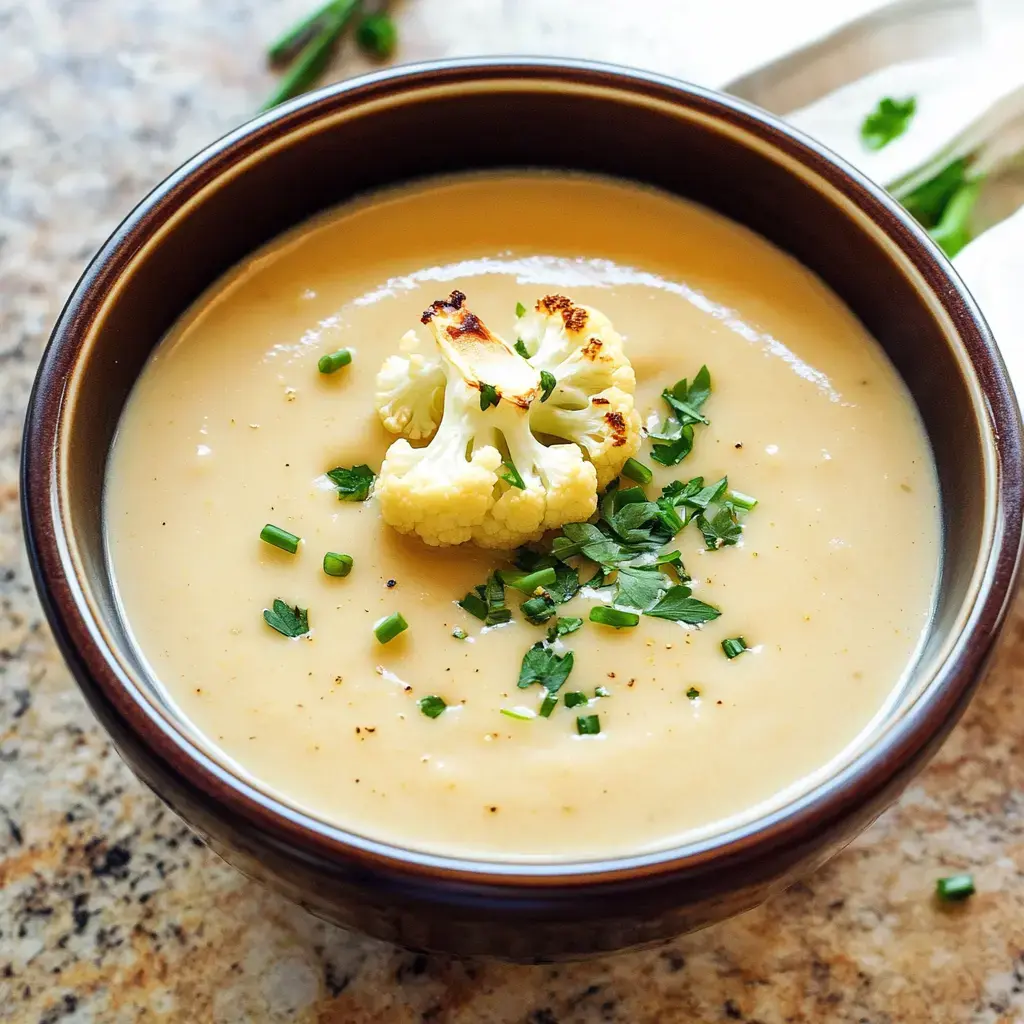 A closeup of creamy cauliflower soup decorated with roasted cauliflower and herbs, served on a rustic table.
