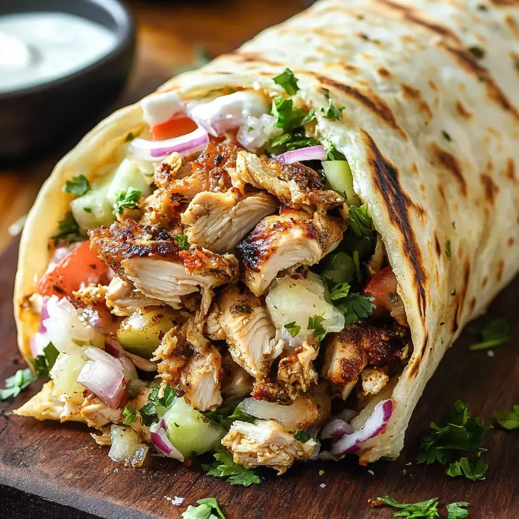 Close-up of a grilled chicken wrap with crisp veggies and creamy sauce, sitting on a wooden table beside a dipping bowl.