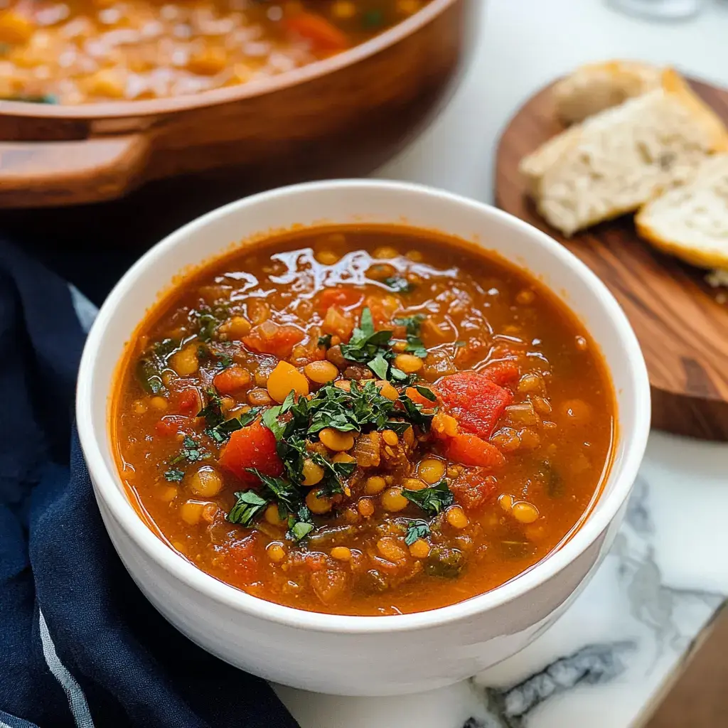 A bowl of filling lentil dish topped with fresh herbs, served with bread on a wooden board.