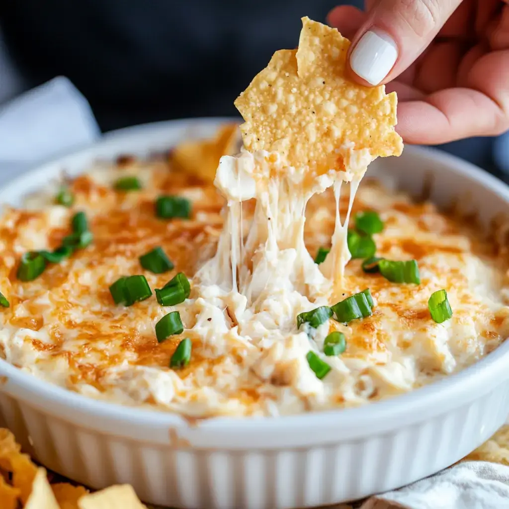 A chip being dipped into a rich, cheesy spread with chopped green onions on top.