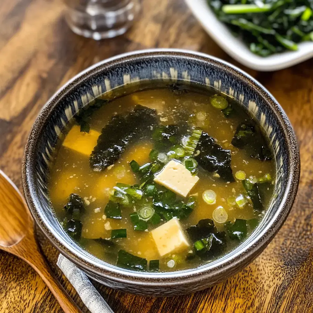 Warm bowl of miso soup featuring soft tofu, green onions, and seaweed on a rustic wooden surface.