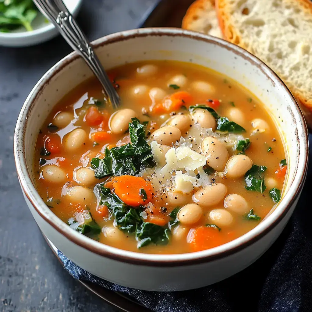 A cozy bowl of creamy white bean soup with kale, carrots, and melted cheese served with bread slices on the side.