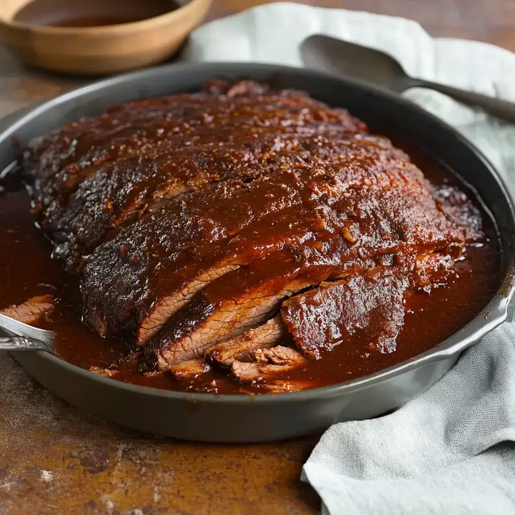 Slices of brisket bathed in a luscious sauce sit in a black dish with a cozy gray napkin beside it.