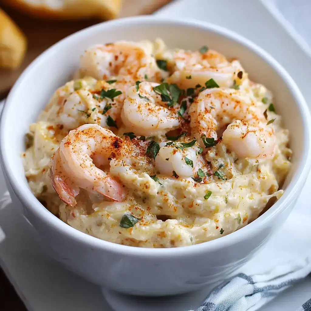 A creamy shrimp spread decorated with herbs and paprika, topped with whole shrimp.