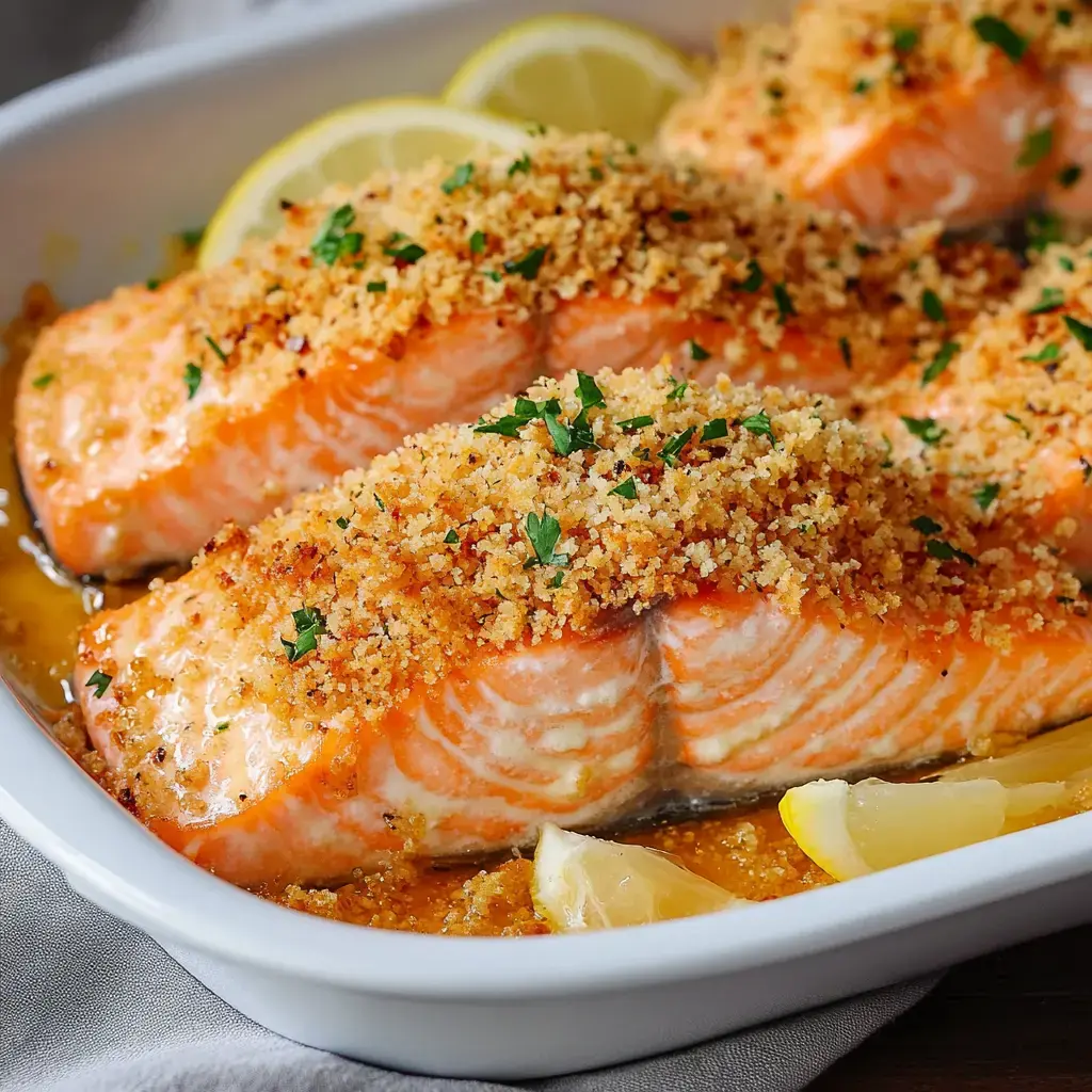 Salmon fillets with crunchy bread crumb topping and fresh parsley, ready with lemon slices on the side.