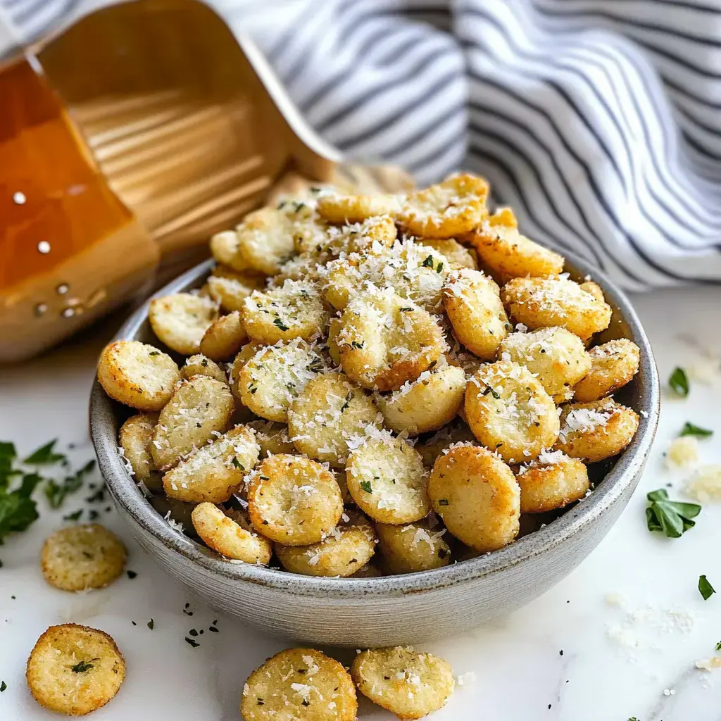 Crispy, golden crackers sprinkled with Parmesan and herbs in a small bowl, kitchen tool resting nearby.