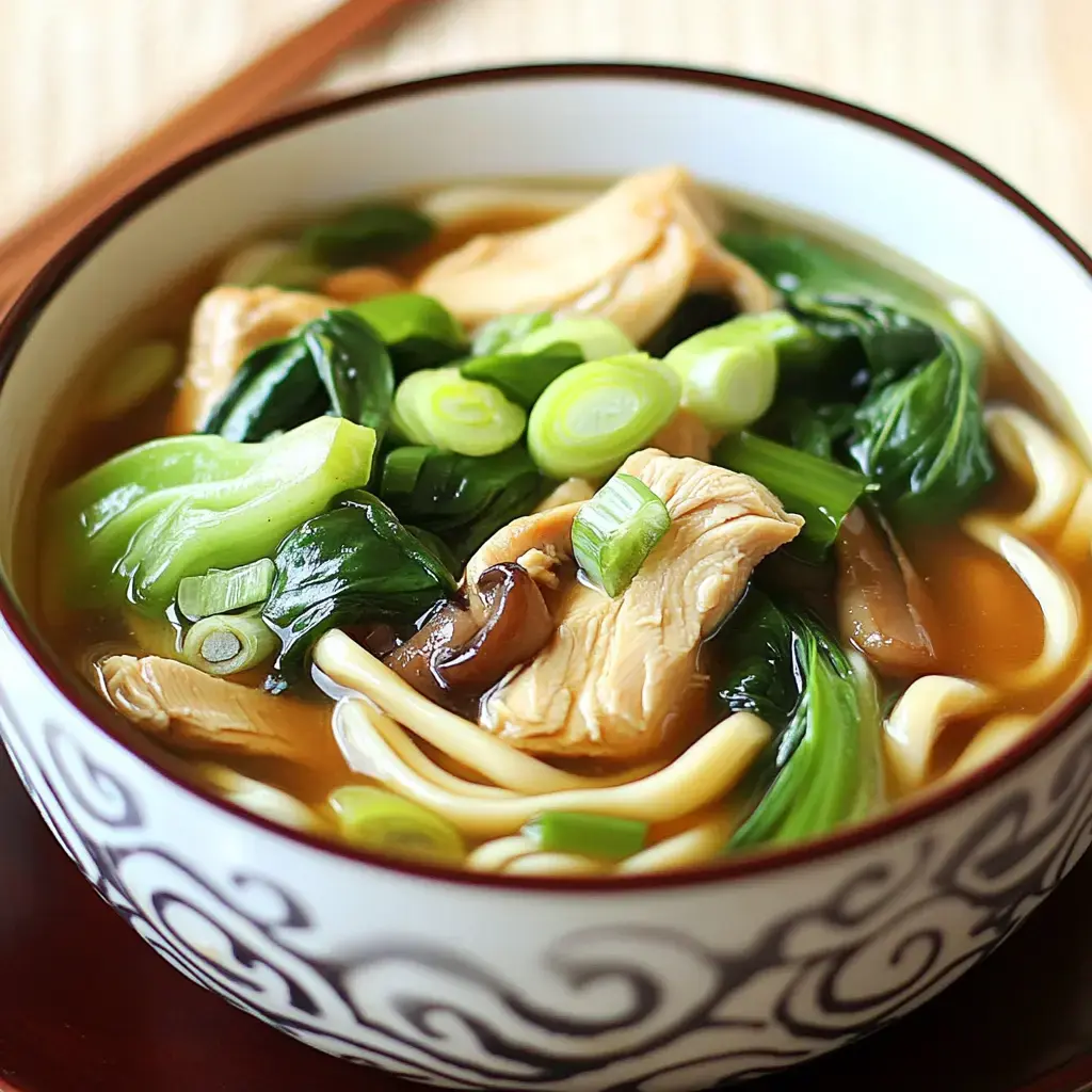 Warm noodle bowl with juicy chicken, leafy greens, noodles, and crunchy scallions in a tasty brown broth.