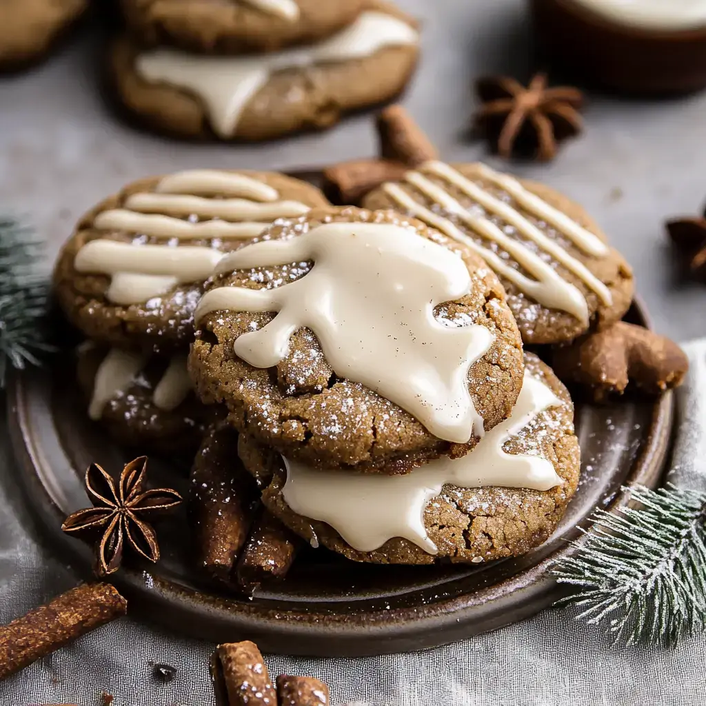 A plate full of decorated cookies drizzled with icing, surrounded by cinnamon sticks and star anise.