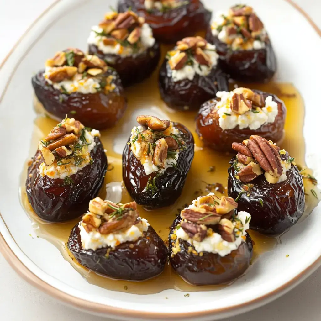 Dates piled high with tangy cheese, nut crunch, and honey drizzle, all on a platter.