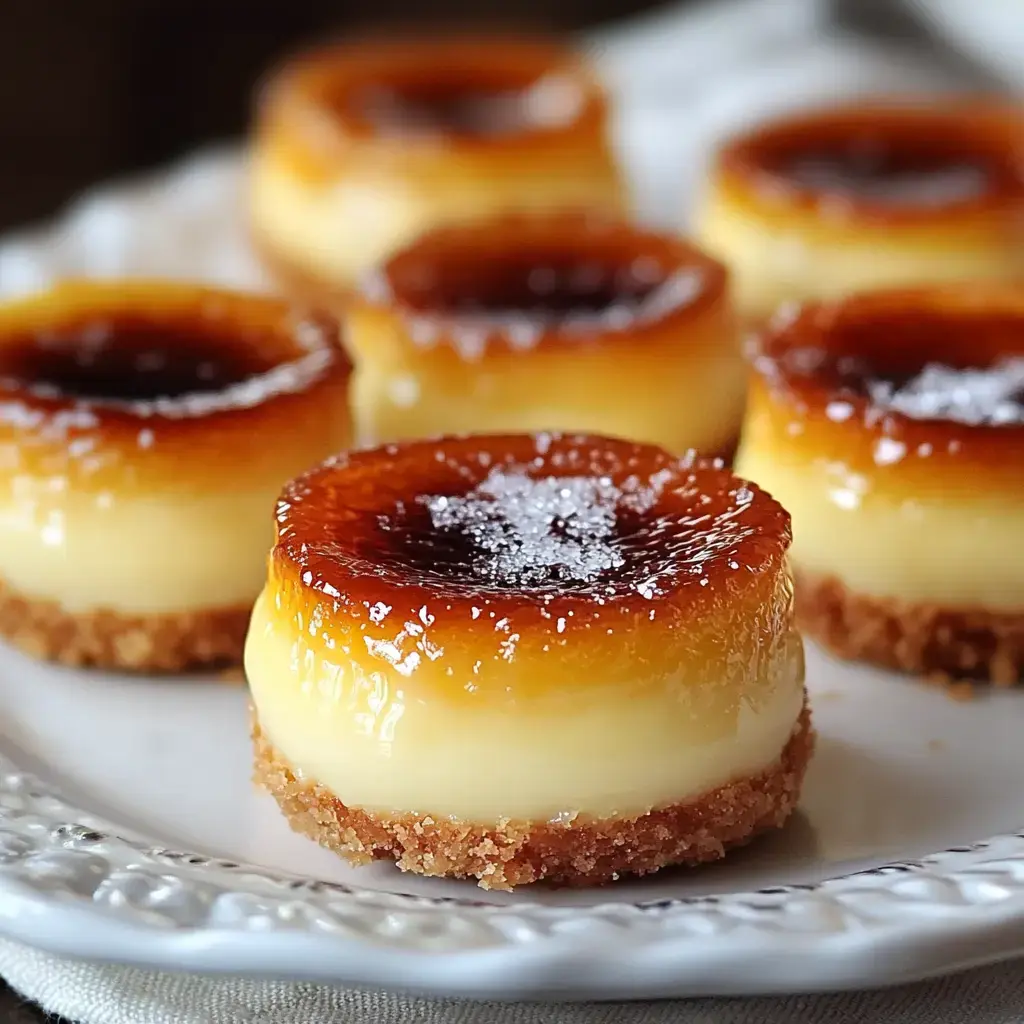 Platter of smooth, golden-topped dessert bites with crunchy sugar glaze and cookie crust.