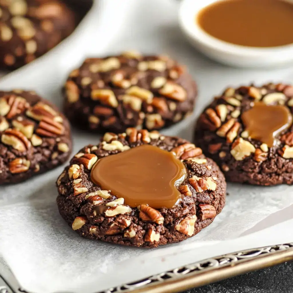 Rich chocolate cookies loaded with caramel in the middle and a sprinkle of nutty pecans.