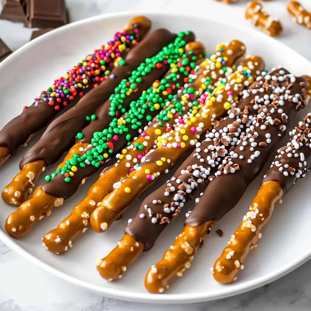 Chocolate dipped pretzel sticks on a plate, topped with colorful sprinkles.