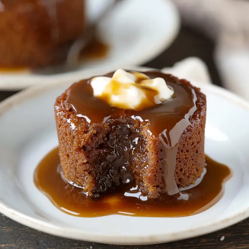 Sticky, golden pudding with a creamy dollop and soft texture inside—slice missing to reveal its center.