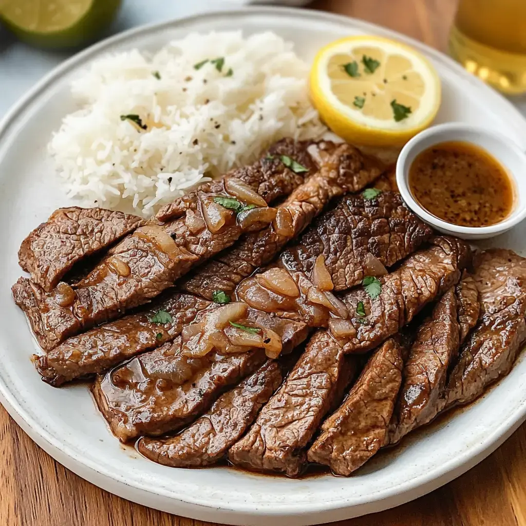 Grilled beef strips topped with onions, next to steamed rice, a lemon wedge, and a dip on the side.