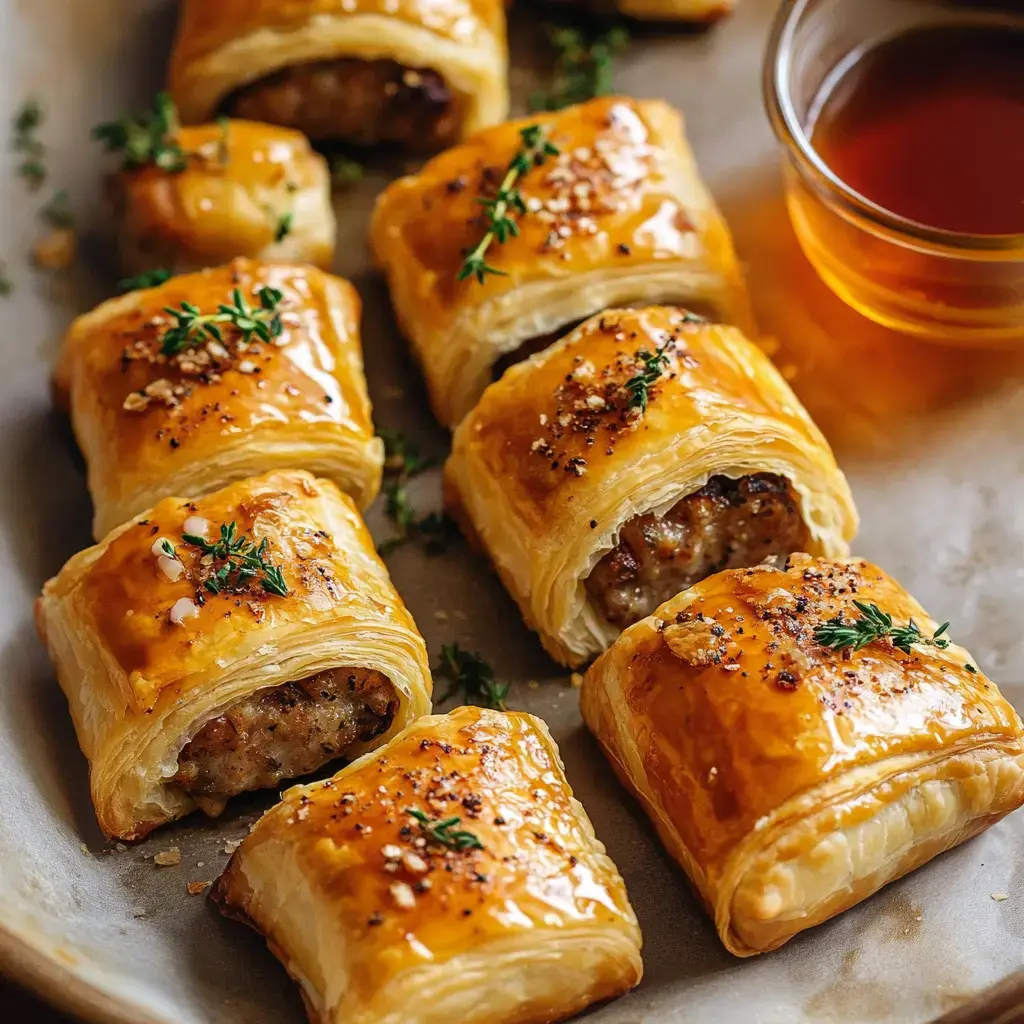 A serving plate stacked with golden puff pastry rolls stuffed with sausage and herbs beside a small dip bowl.
