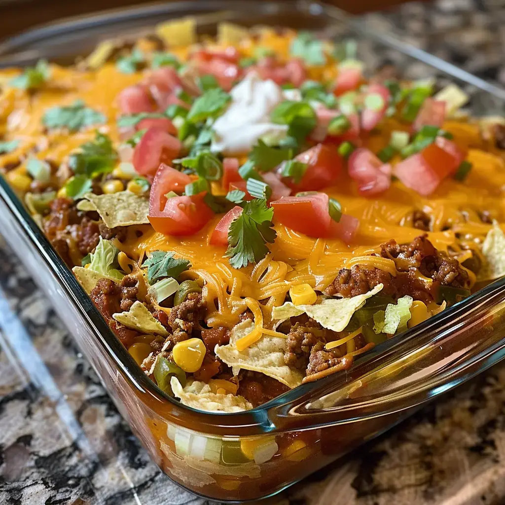 Zoomed-in shot of a glass dish stacked with taco layers: beef, cheese, lettuce, tomatoes, corn, sour cream, and green onions.