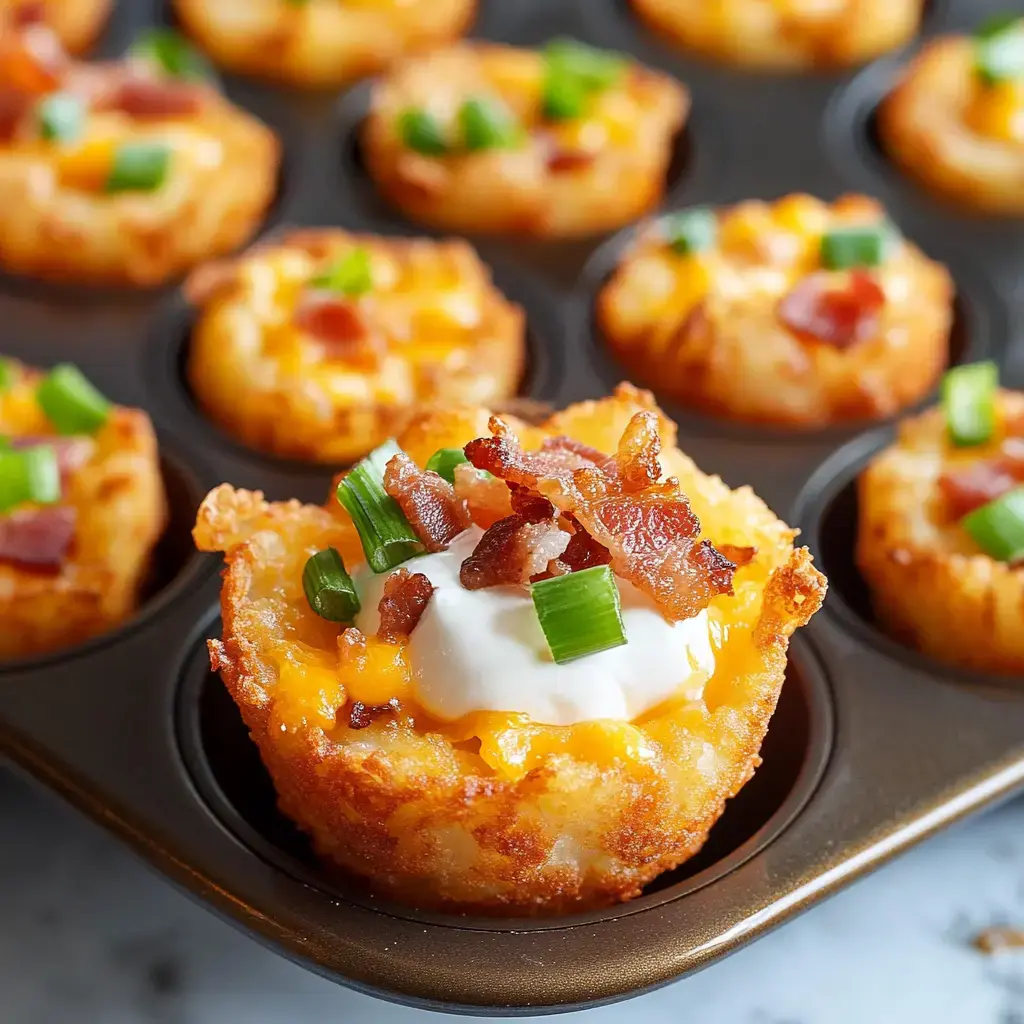 Close-up shot: crispy potato cups loaded with melty cheese, bacon pieces, sour cream, and chives.
