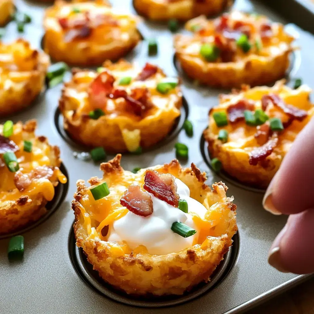 Tray close-up: crispy potato cups finished with cheese, bacon, green onions, plus sour cream.