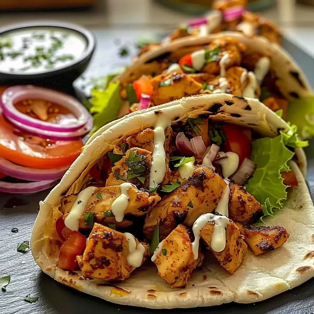 Close view of a taco packed with grilled chicken, crisp veggies, rich sauce, plus tomato and onion slices on the side.