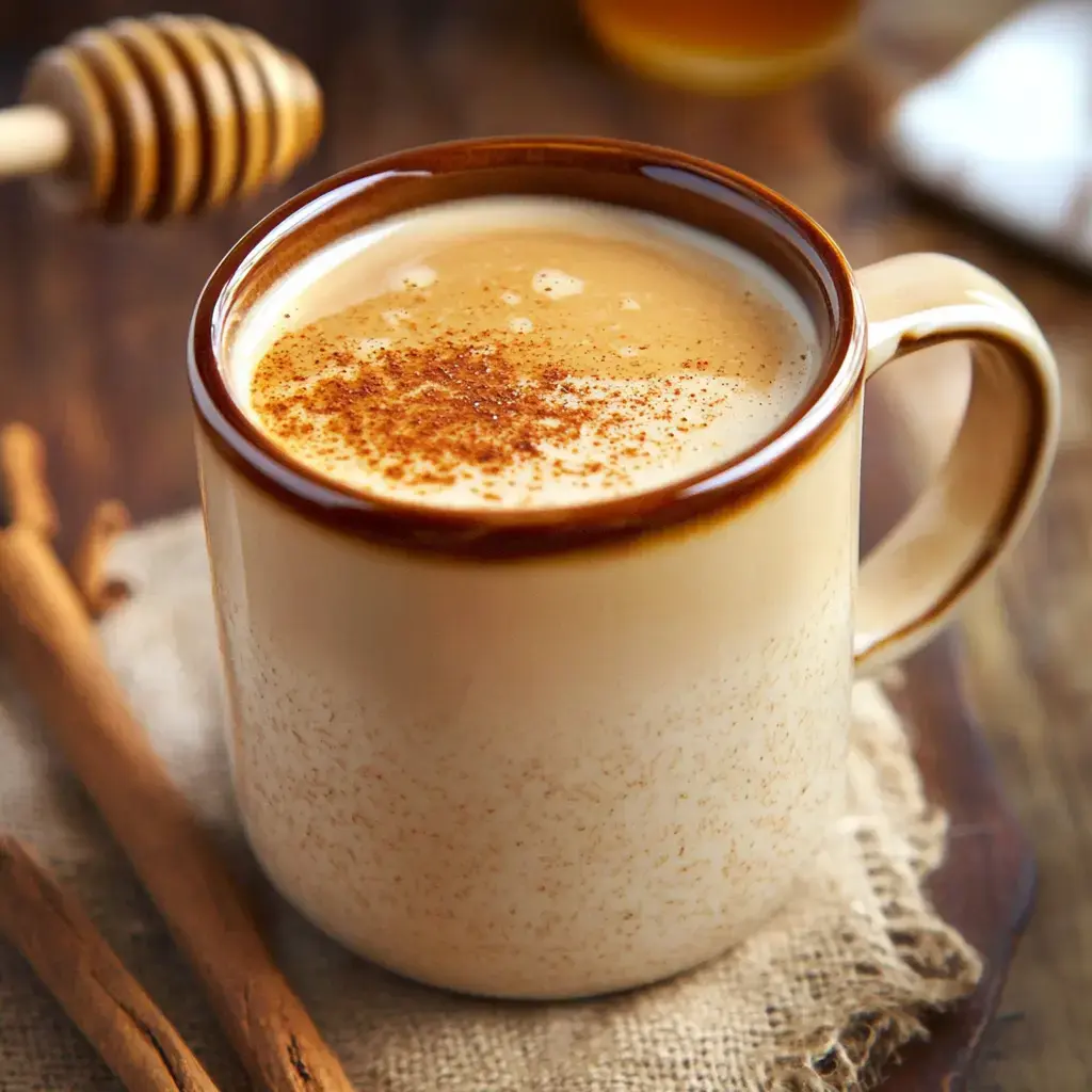 A steaming mug filled with coffee, a dusting of cinnamon, beside cinnamon sticks and a honey drizzler on a wooden table.