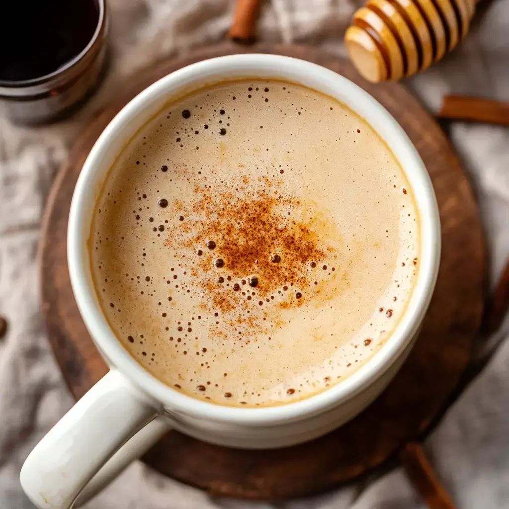 A close look at frothy coffee with cinnamon on top, next to a honey dipper and whole cinnamon sticks on wood.