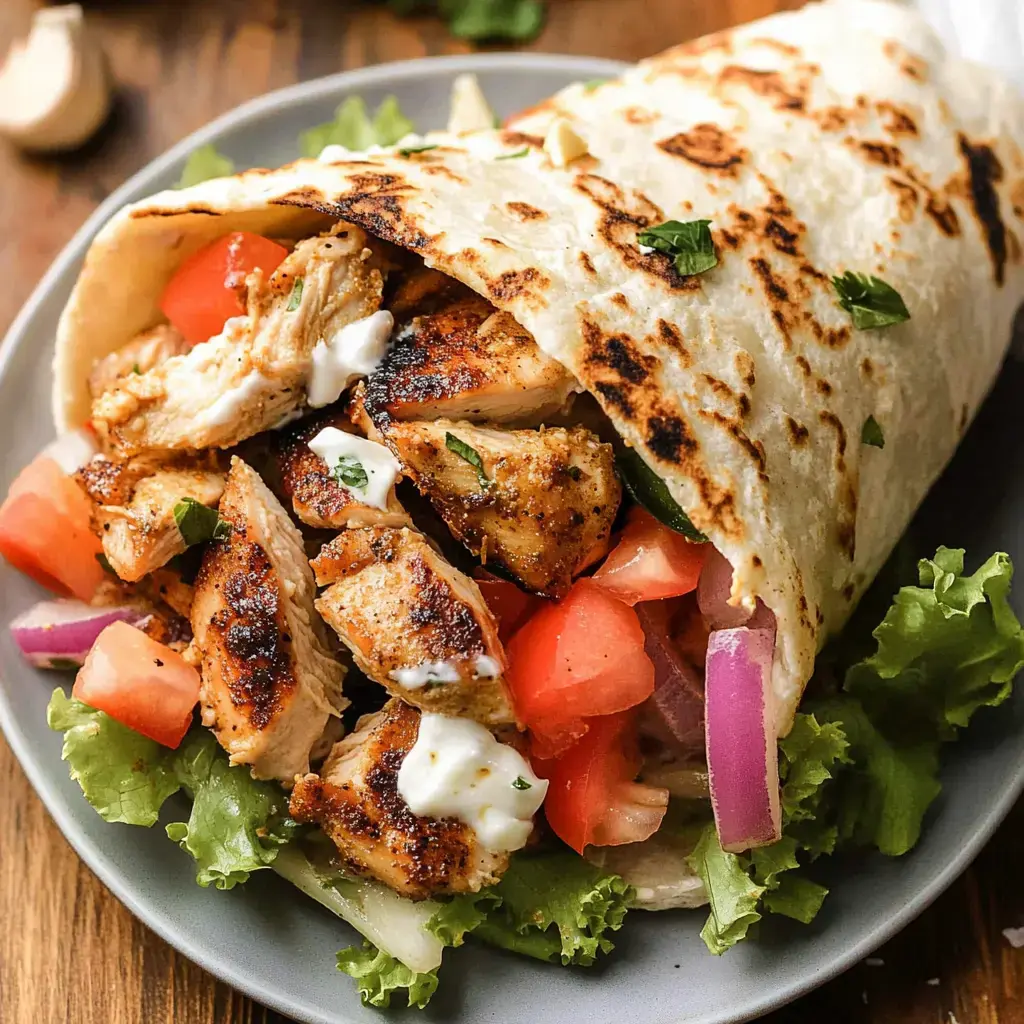 A grilled chicken wrap loaded with veggies, lettuce, creamy dressing, sitting on a gray plate.