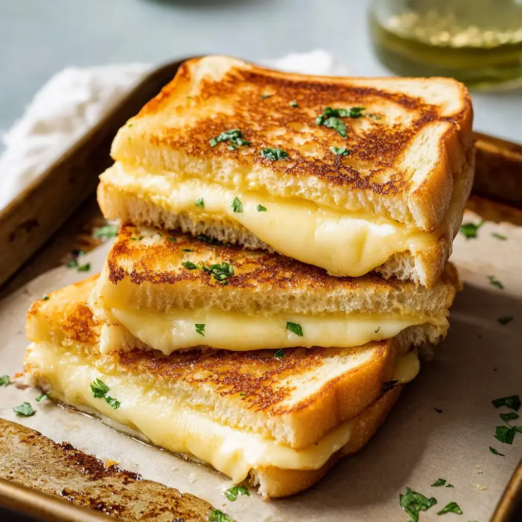 Three layers of golden grilled cheese sandwiches stacked up, melty cheese spilling out, with chopped parsley sprinkled on top.