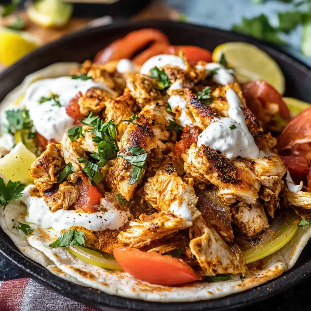 Hot, seasoned chicken loaded up with fresh tomatoes, creamy topping, and chopped cilantro, all served on a toasty tortilla.