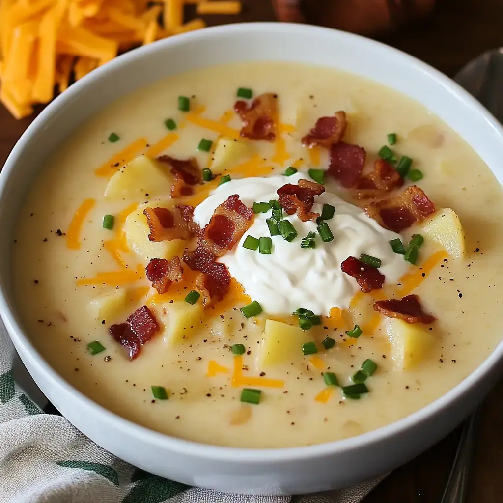 Creamy potato soup packed with chunks, topped with bacon, cheddar, sour cream, and green chives.