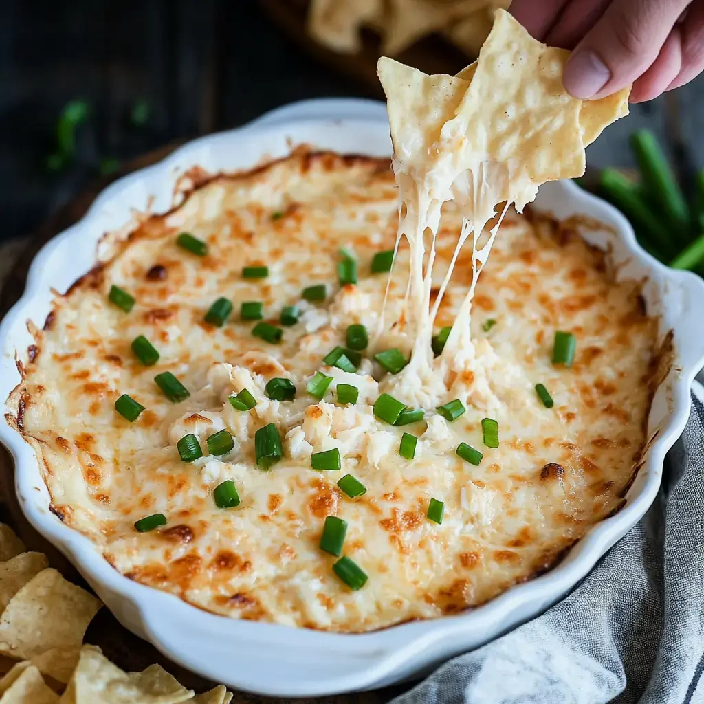A hand pulls a chip from gooey, cheesy dip with green onions scattered on top, more chips and a linen close by.