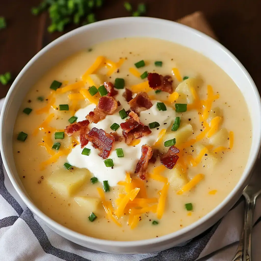 Thick, creamy potato soup garnished with grated cheddar, bacon pieces, green onion, and a plop of sour cream.