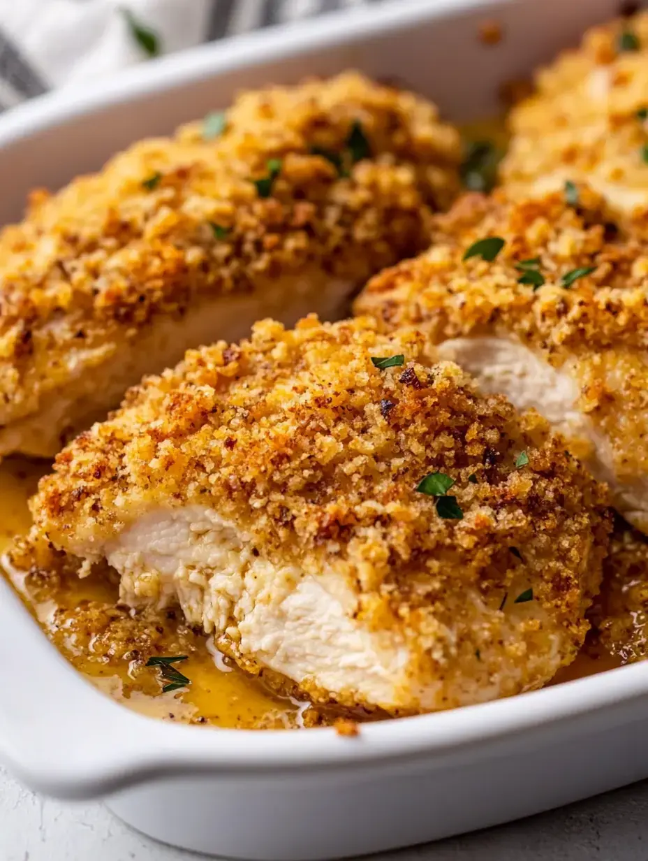 Baked chicken breasts in a white dish, golden and crispy with parsley sprinkled on top.