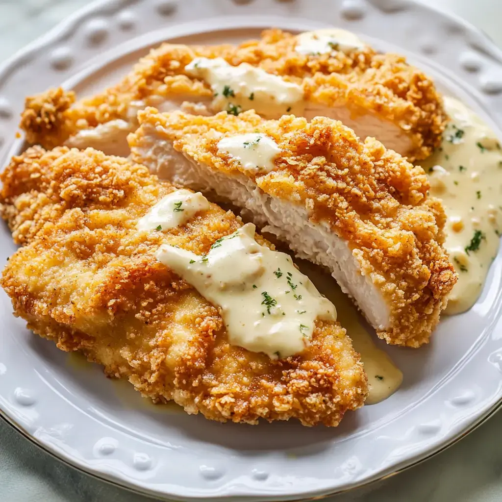 Sliced golden-brown chicken breast on a plate, covered with creamy sauce and a sprinkle of herbs.