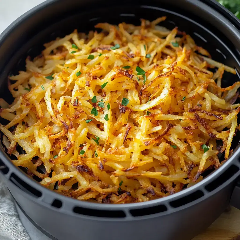Shredded, crunchy golden hash browns sprinkled with parsley in a black dish.