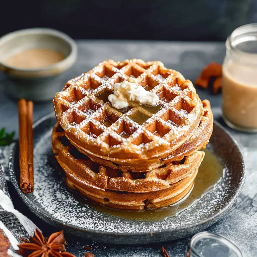 Golden waffles stacked up, melting butter on top and syrup cascading down, all on a dark plate with cinnamon sticks and sauce nearby.