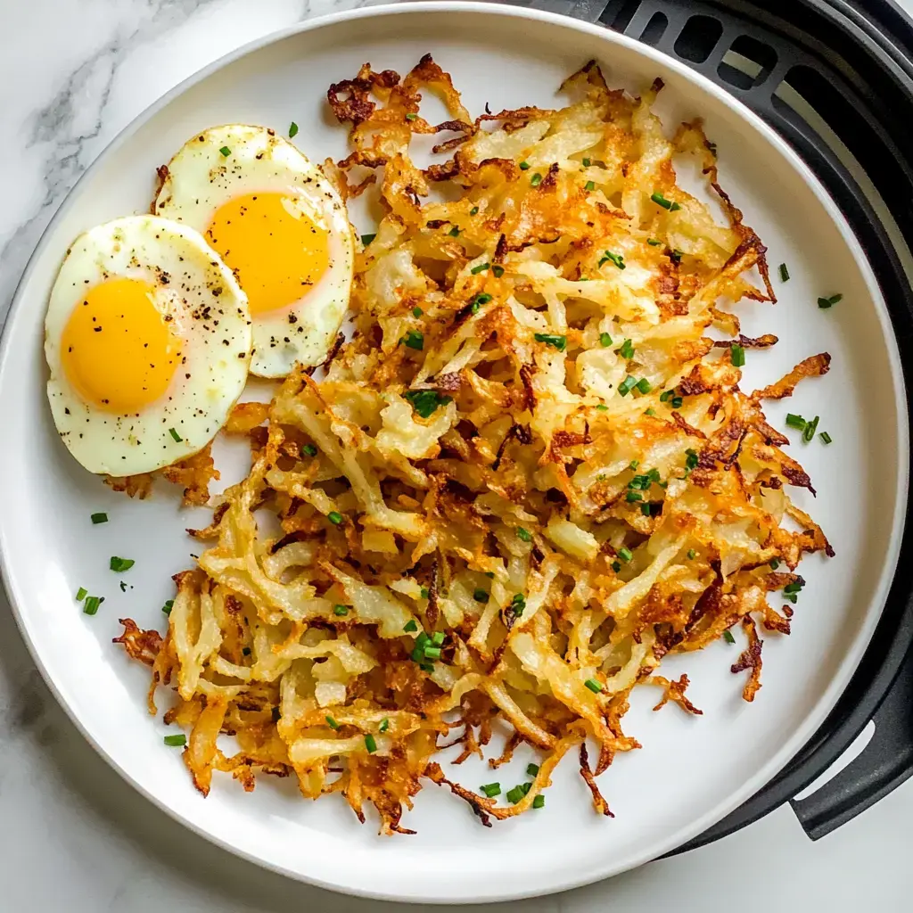 Crunchy hash browns with chives on a plate beside a pair of sunny-side-up eggs.