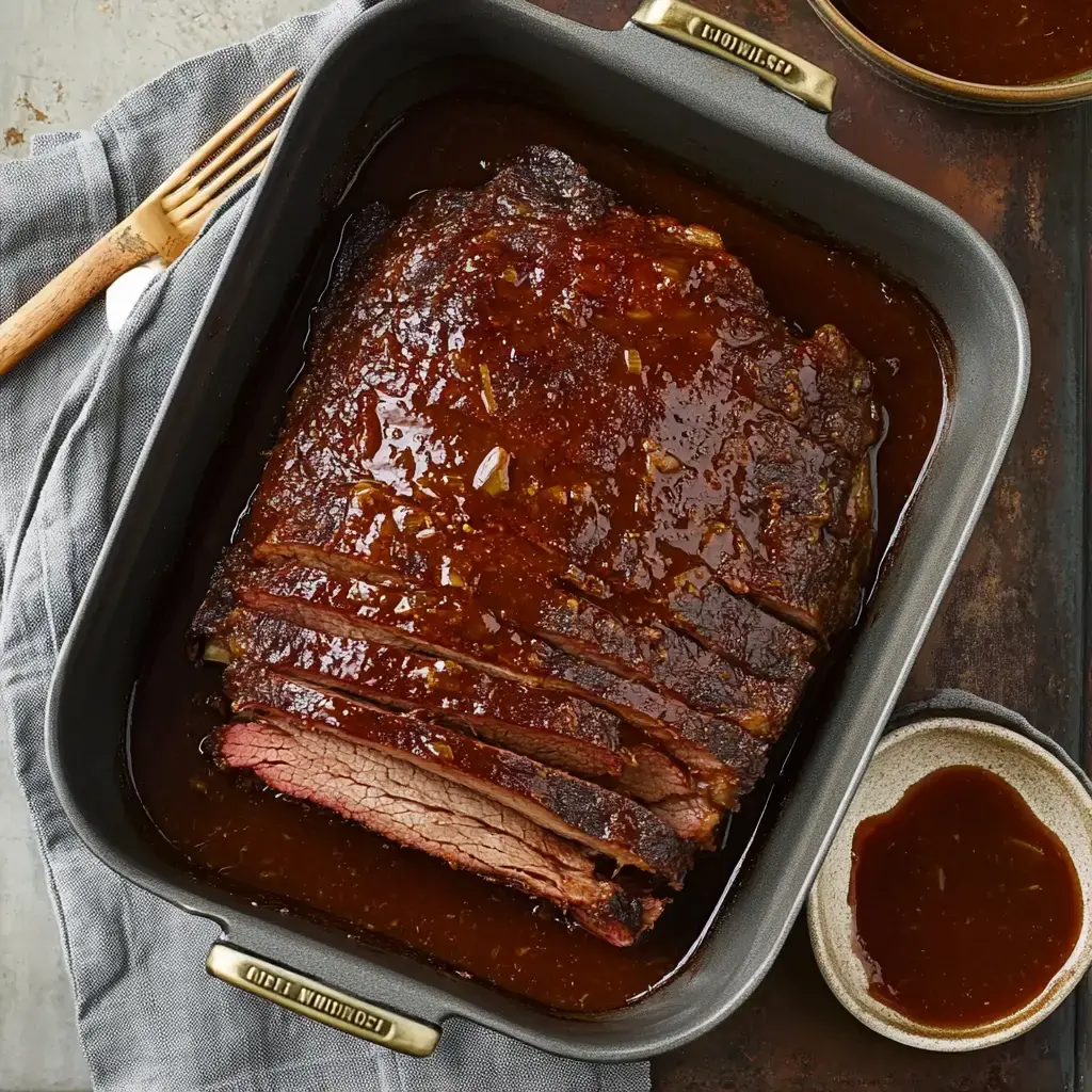 Sliced, juicy brisket with glossy glaze rests in a roasting pan, and a bowl of sauce sits nearby.