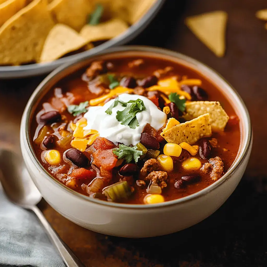 Hot soup garnished with cheese, sour cream, fresh cilantro and crunchy chips, with extra chips on the side.