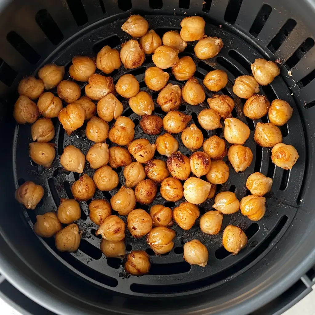 Golden chickpeas fill a black air fryer basket looking crispy and ready to eat.