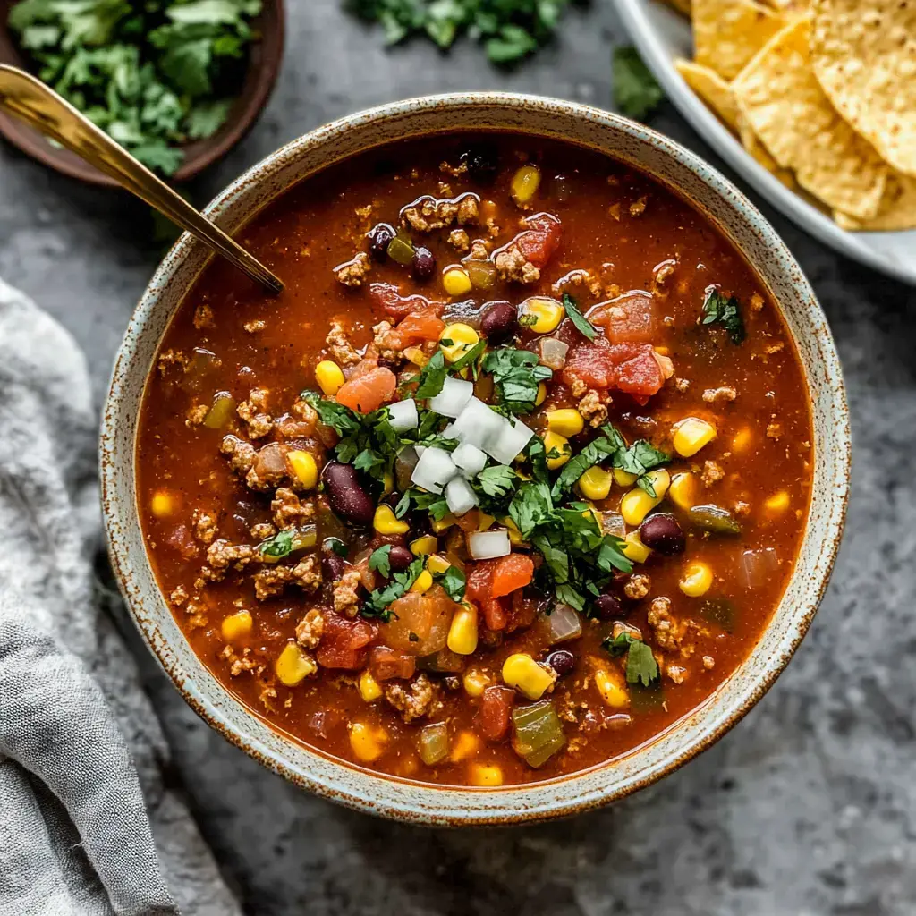 Steaming soup topped with diced onions, fresh herbs, and colorful veggies served with a side of crunchy chips.