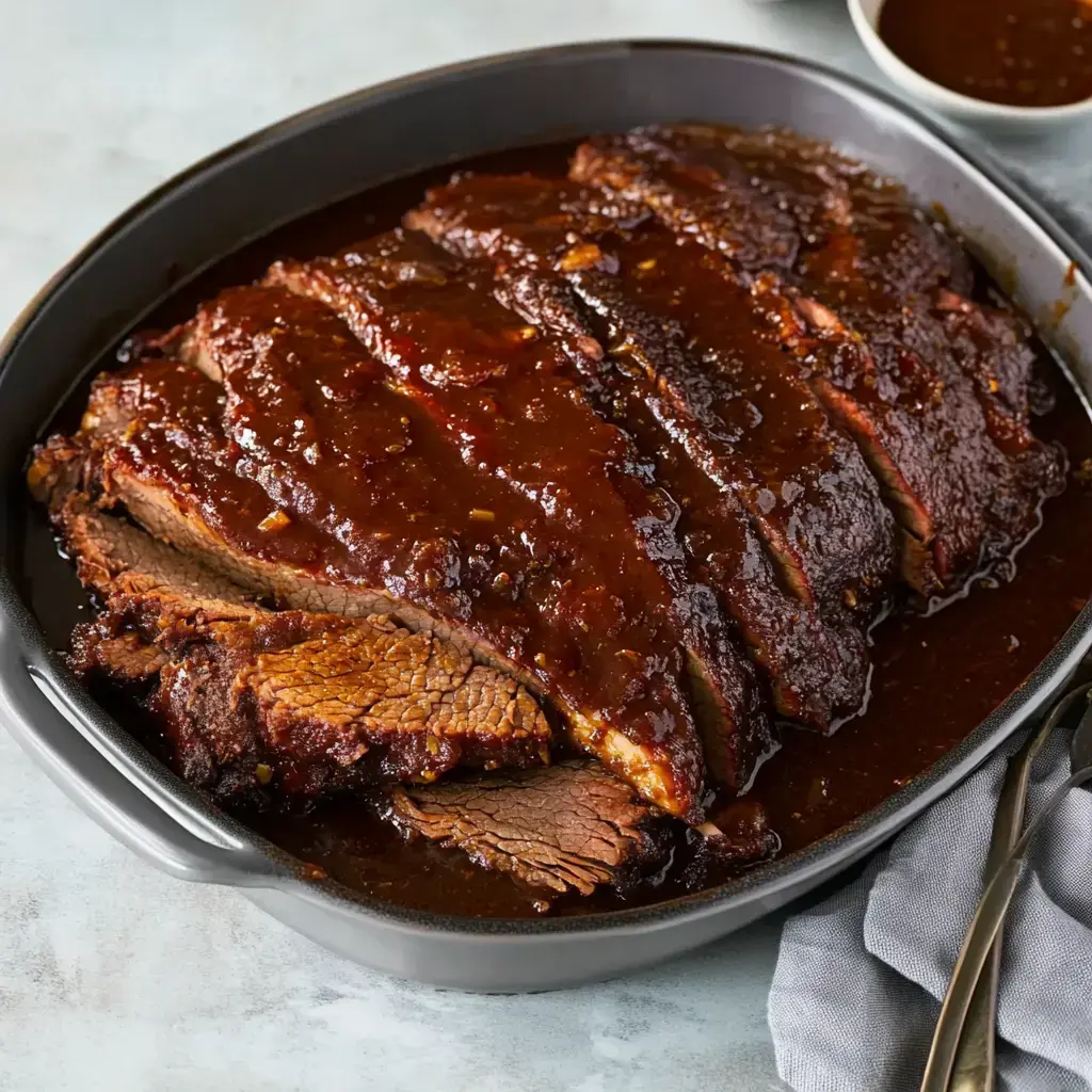 Glossy, sliced brisket rests in a black roasting dish with extra sauce ready for dipping on the side.