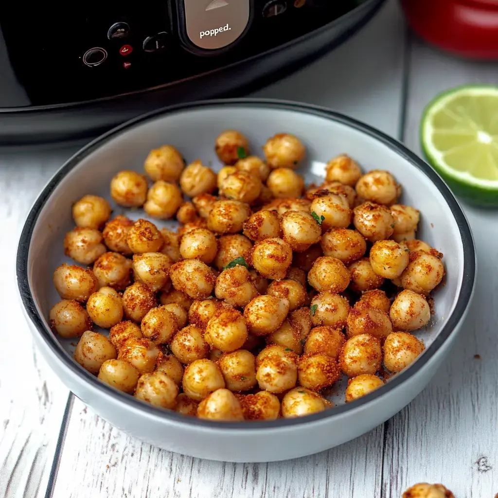 A wooden table shows a bowl full of spicy, crunchy chickpeas with a lime wedge nearby and a peek of an air fryer.