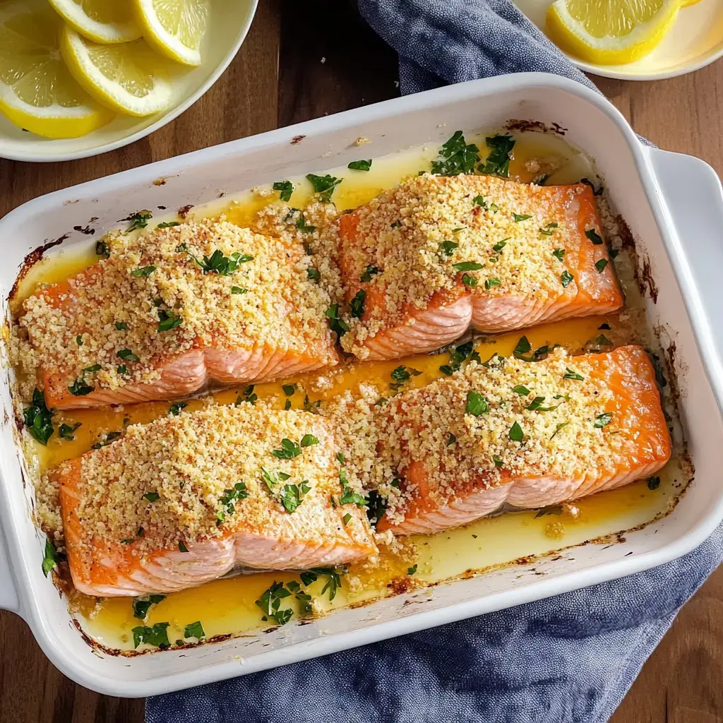 Four salmon pieces baked in a dish, golden crumb tops, sprinkle of parsley, lemon wedges set behind.